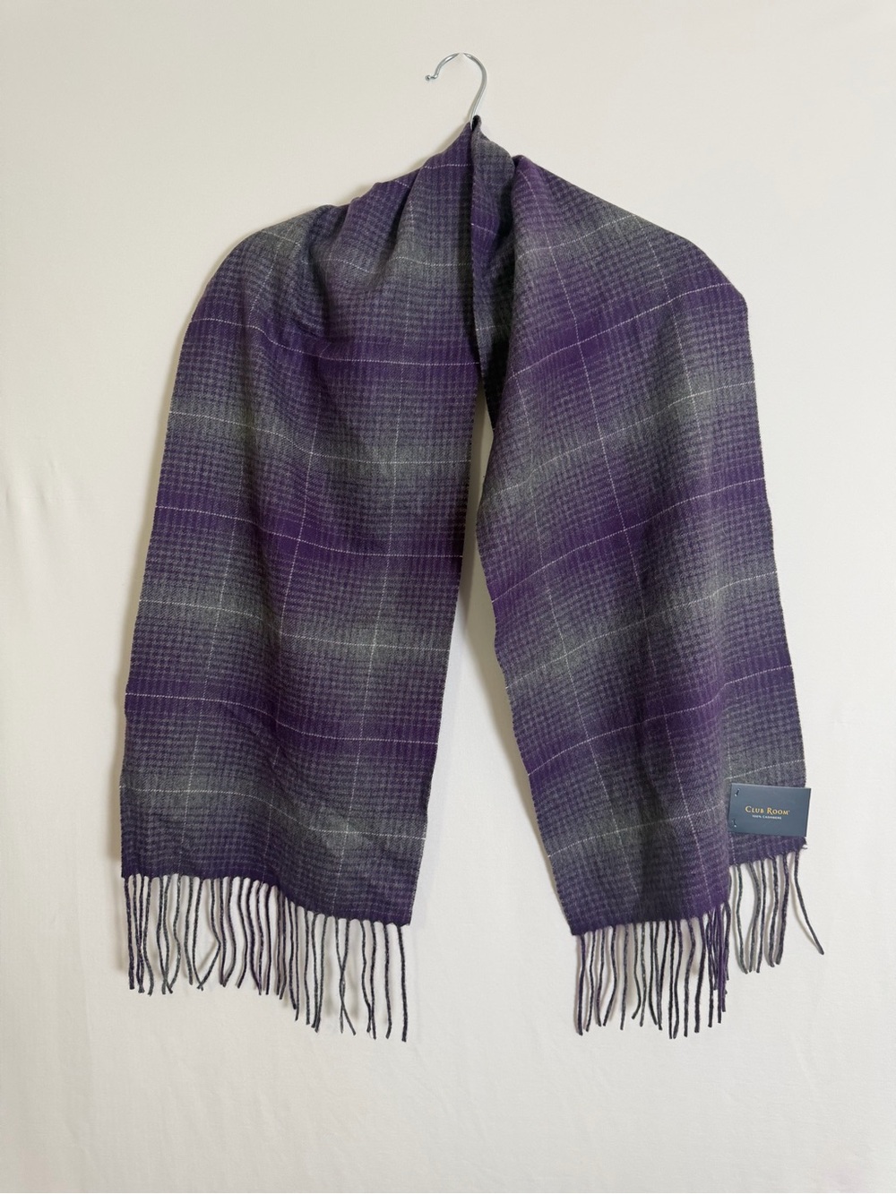 CLUB ROOM MULTI-COLOR GREY/PURPLE PLAID FRINGE TRIM 100% CASHMERE SCARF